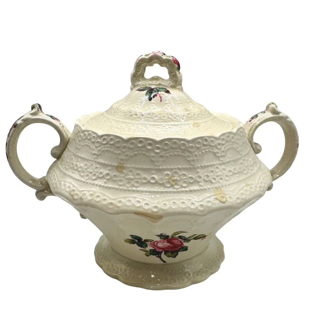 Spode Jewel Copeland England Sugar‎ Bowl Footed Rose Floral Lid Antique